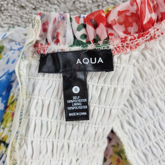 AQUA Womens‎ Dress S Cream Blue Floral Smocked Ruffle Trim Long Sleeve Mini - Picture 2 of 14